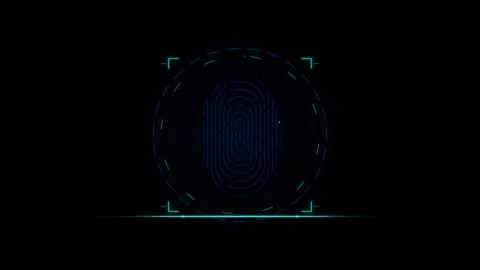 Digital fingerprint scan interface within a circular frame with glowing blu.. 動画素材 334945359