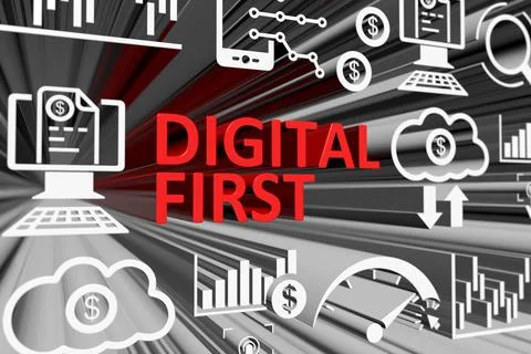 DIGITAL FIRST concept blurred background 3d render illustration Stock Illustration