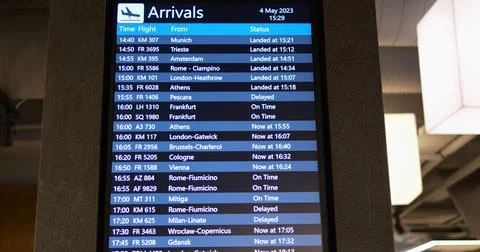 Digital flight information display with schedule for passengers on concrete wall Stock Photos