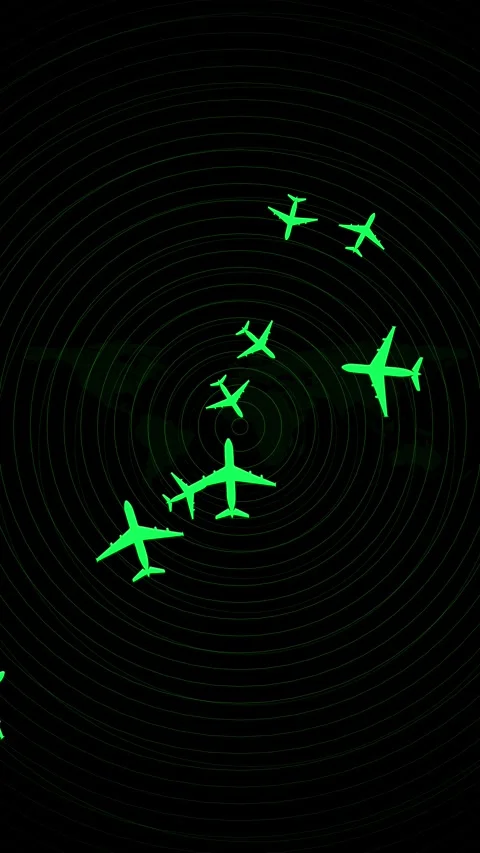 Digital flight tracking radar visual green aircraft icons, world map dots, and c Stock Footage 340573300