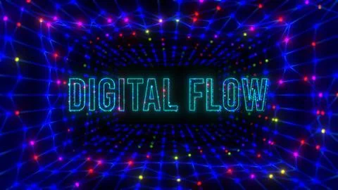 Digital Flow Text Inside Futuristic Glowing Network Tunnel Stock Illustration