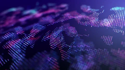 Digital, fluorescent map of the world. Neon dot landscape. Hacker glowing s.. Stock Footage 280573361