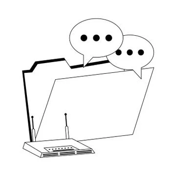 Digital folder with chat bubbles and wifi router in black and white 库存插图