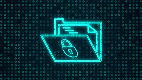 Digital folder or file icon made of moving blue particles on tech background Video stock 238565870