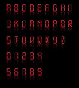 Digital font. Alarm clock letters and number isolated on black background. Ve Ilustração Stock