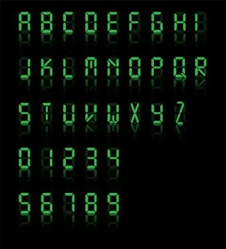 Digital font. Alarm clock letters and number isolated on black background. Ve Stock Illustration
