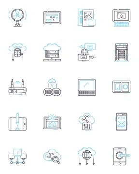 Digital footprint linear icons set. Traceability, Privacy, Reputation, Exposure Stock Illustration