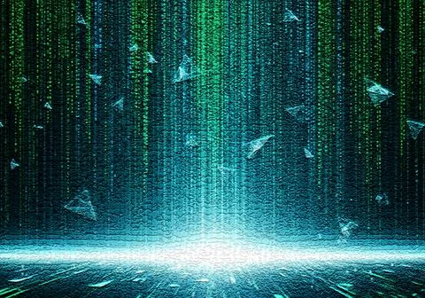 Digital forest with cascading streams of light and floating particles in a .. 스톡 일러스트