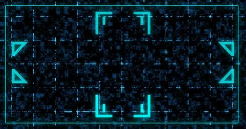 Digital frame border box with decorative geometric signs technology bg. Hud.. Stock Illustration