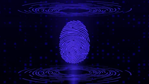 Digital futuristic Biometrical Finger Print Scanner With HUD Light Stock Footage 345640153