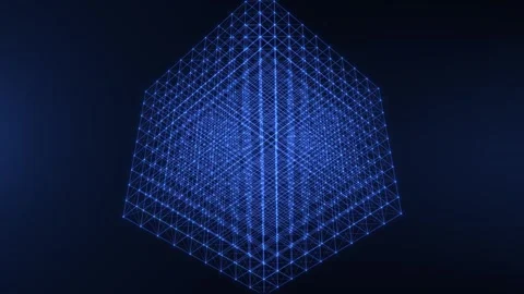 Digital futuristic blue background with a rotating cube made of lines and ple Stock Footage 256913422