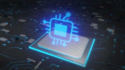 Digital Futuristic Chip, microchip processor with neon lights. Quantum comput Illustrazione stock