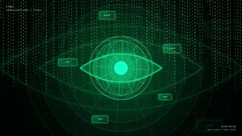 Digital futuristic eye scanning interface with green binary code and Stock-Footage 343169605