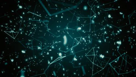 Digital futuristic illustration with math, physics symbols and mesh network grid Illustrazione stock