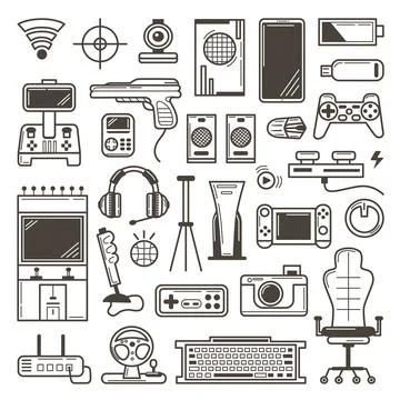 Digital gadget doodle elements. Computer games and social media icons Stock Illustration