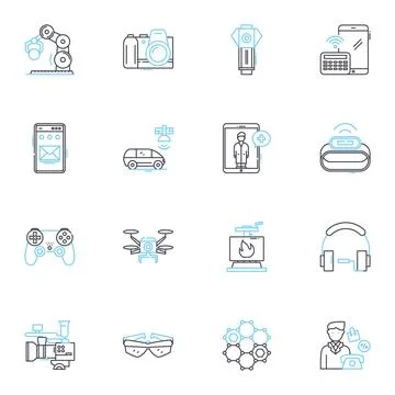 Digital gadgets linear icons set. Smartph, Tablet, Laptop, Computer, Camera Stock Illustration