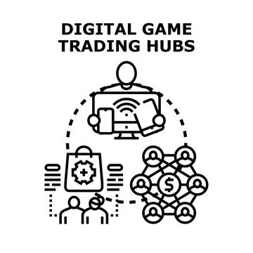 Digital game trading hubs concept providing online commerce 스톡 일러스트