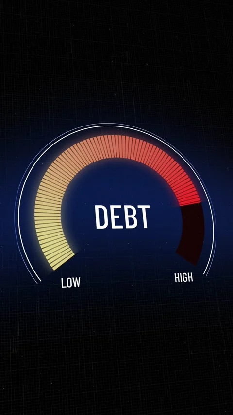 Digital gauge reading debt and financial liability metrics escalating rapidly Video stock 320503300