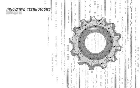 Digital gear with binary code overlay. Low poly network mechanics concept art Stock Illustration