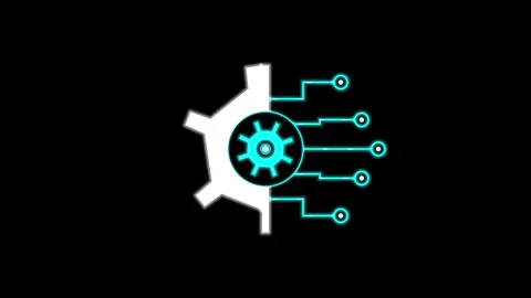 Digital gear icon integrated with blue glowing circuit board paths Stock Footage 344033534