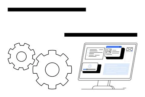 Digital gear wheels and computer screen with software interface Stock Illustration