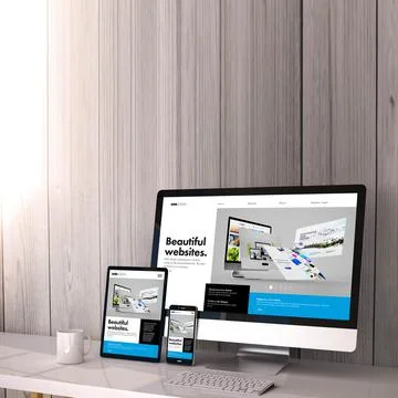 Digital generated devices on desktop, responsive cool website builder design Stock Illustration