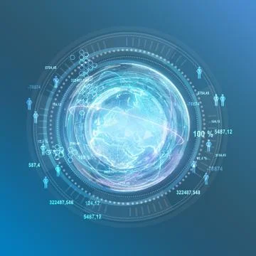 Digital generation of planet with world map. Blue background Stock Illustration