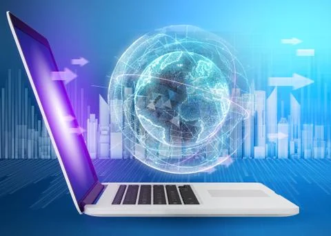 Digital generation of planet with world map on laptop Illustrazione stock