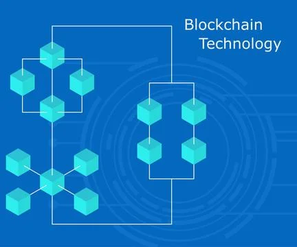 Digital geometric tech cube blockchain technology background connected with l Ilustración de archivo