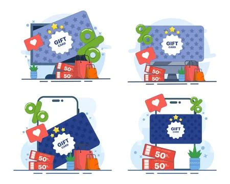 Digital gift card illustration set featuring a smartphone shopping app Stock Illustration