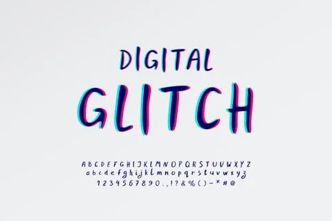 Digital glitch Alphabet. Script hand drawn vector typeface with stereo color  Stock Illustration