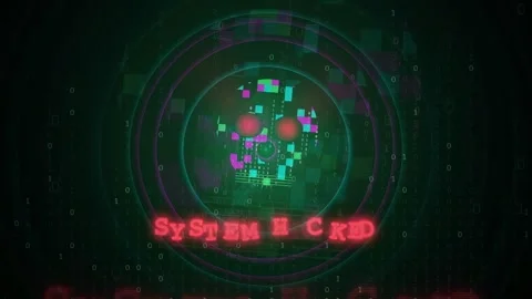 Digital Glitch Animation of a Cyber Skull with System Hack Warning on Dark Stock Footage 343172537