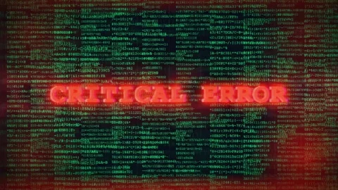 Digital glitch animation with red warning messages and scrolling green binary Video stock 343159150