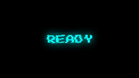 Digital glitch animation of the word ready in neon cyan pixel font Stock Footage 329753488