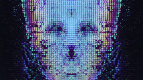 Digital glitch art cyberspace knowledge alien face Stock Footage 132524901