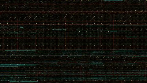 Digital glitch art featuring a complex grid with glowing elements and a dark, Stock Illustration