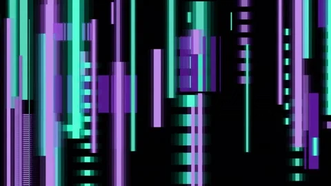 Digital glitch distortion with purple and teal vertical bars on black backg.. Vídeo Stock 346092835
