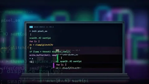 Digital glitch effect on computer screen displaying scrolling programming code Vídeo Stock 343153551