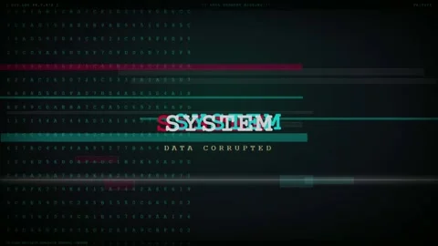 Digital glitch effect with corrupted system data text on a dark technological Stock Footage 345759422