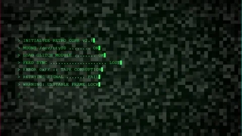 Digital glitch effect with green computer code and static noise on a dark screen Stock Footage 345757290
