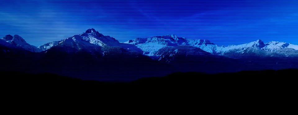 Digital glitch effect over blue mountain range landscape Stock Photos