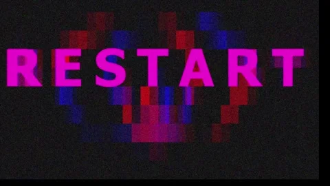 Digital glitch effect with pink RESTART text over pixelated squares during .. Vídeo Stock 343412565