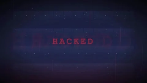 Digital Glitch Effect with Red Hacked Text on Dark Blue Cyber Security Video stock 336772800