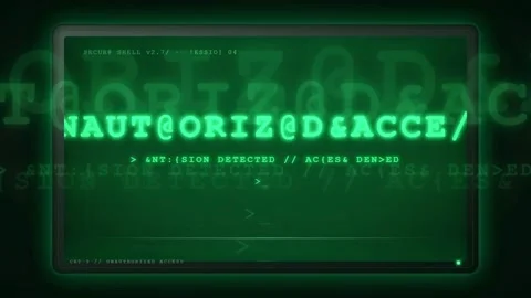 Digital glitch effect showing unauthorized access warning on a futuristic green Stock Footage 343159683