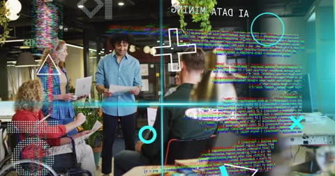 Digital glitch HUD overlays shifting and revealing team exchanging documents in Stock Footage 315539613