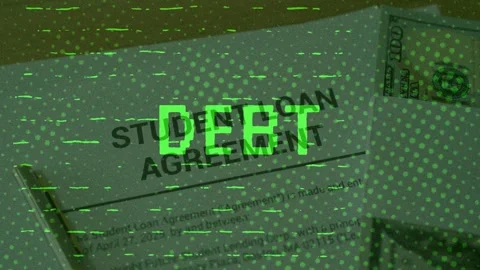 Digital glitch over a student loan agreement and money, signifying debt. Stock Footage 336479278