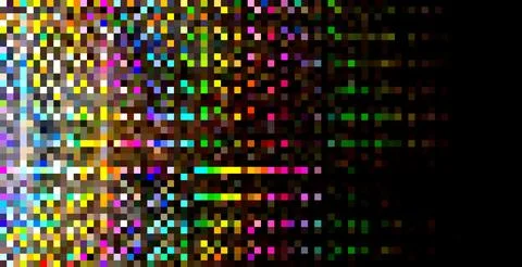 Digital glitch pixel array dissolving into black background Stock-Fotos