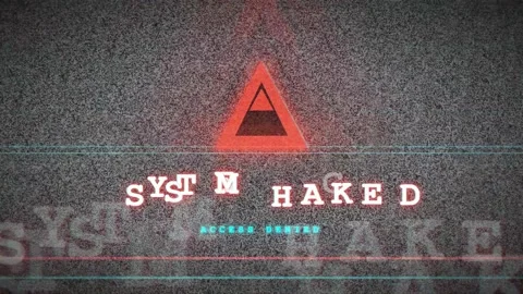 Digital glitch screen displaying system hacked warning with red alert triangle Stock Footage 341834081