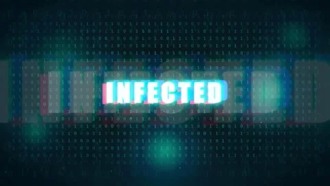 Digital glitch screen with infected text warning over binary code background Stock Footage 336778633