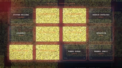 Digital glitch screen with system failure alerts and corrupted data in a Stock Footage 343153840